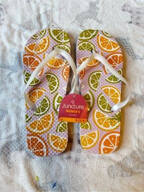 Juncture Women's Pink Citrus Print Flip Flops - White Straps